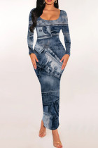 Gray Blue Casual Print Patchwork U Neck Wrapped Skirt Dresses