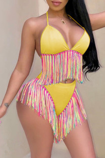 Yellow Sportswear Solid Color Fringed Trim Patchwork Swimwears