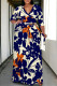Blue Casual Street Floral Print Lace Up Contrast V Neck Printed Plus Size Dresses