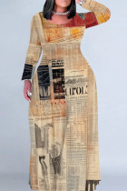 Light Orange Casual Print Patchwork O Neck Long Plus Size Dresses