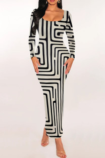 Cream White Casual Print Patchwork U Neck Wrapped Skirt Dresses