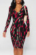 Black Red Casual Street Geometric Print Contrast V Neck Printed Dresses