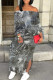 Gray Blue Casual Street Faux Denim Print Lace Up Slit Contrast Off Shoulder Printed Dresses
