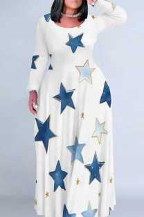 White Blue Casual Print Patchwork O Neck Long Plus Size Dresses