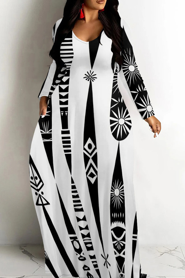 White Black Casual Print Patchwork V Neck Long Dresses
