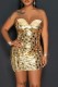 Gold Sexy Party Patchwork Backless Slit Strapless Wrapped Skirt Dresses