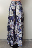 Deep Blue Casual Print Patchwork Slit Zipper Loose Mid Waist Full Print Bottoms