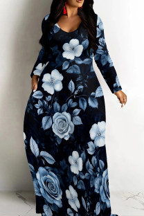 Tibetan Blue Casual Print Patchwork V Neck Long Dresses
