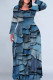 Blue Casual Print Patchwork O Neck Long Plus Size Dresses