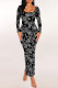 Black White Casual Letter Print Contrast Square Neck Printed Dresses