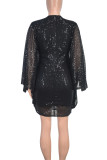 Black Sexy Solid Color Patchwork V Neck Wrapped Skirt Dresses