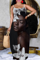 Black Gray Casual Figure Print Backless Spaghetti Strap Long Dresses