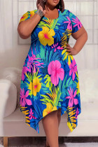 Multicolor Casual Print Patchwork O Neck Irregular Plus Size Dresses