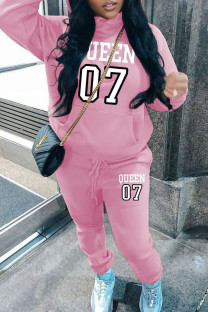 Pink Casual Print Pocket Patchwork Hooded Long Sleeve Two Pieces