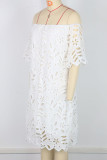 White Elegant Solid Color Hollow Out Patchwork Off Shoulder Straight Dresses