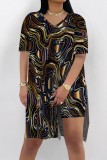 Tibetan Blue Casual Print Slit V Neck Short Sleeve Two Pieces