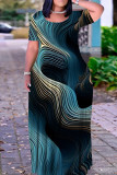Dark Blue Casual Print Basic O Neck Long Plus Size Dresses