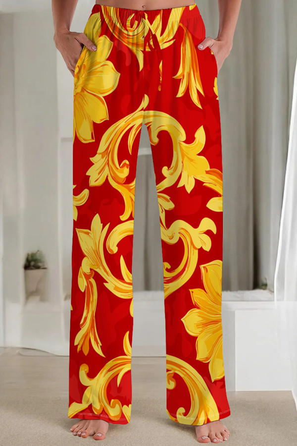 Red Yellow Casual Print Pocket Patchwork Loose Mid Waist Straight Full Print Bottoms