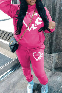 Rose Red Casual Print Pocket Patchwork Hooded Long Sleeve Two Pieces
