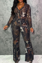Black Casual Print Buckle Patchwork V Neck Long Sleeve Two Pieces