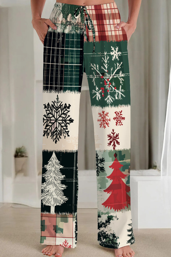 Multicolor Casual Print Pocket Patchwork Loose Mid Waist Straight Full Print Bottoms