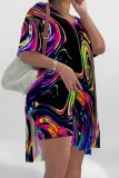Tibetan Blue Casual Print Slit V Neck Short Sleeve Two Pieces
