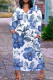 Blue Casual Floral Print Basic V Neck Long Plus Size Dresses
