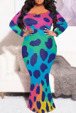 Green Red Casual Print Patchwork O Neck Fishtail Plus Size Dresses