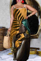 Earth Yellow Casual Figure Print Backless Spaghetti Strap Long Dresses