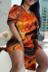 Orange Casual Print Slit V Neck Short Sleeve Two Pieces