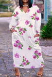Light Blue Casual Floral Print Basic V Neck Long Plus Size Dresses