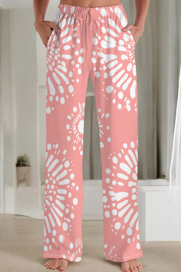 Pink Casual Print Pocket Patchwork Loose Mid Waist Straight Full Print Bottoms