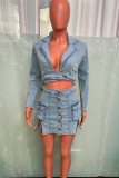Sky Blue Street Solid Color Hollow Out Pocket Patchwork Slit Turndown Collar Long Sleeve Regular Denim Dresses