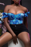 Royal Blue Sexy Casual Print Backless Off Shoulder Tops