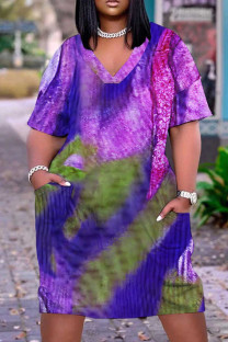 Purple Casual Print Pocket V Neck Short Sleeve Plus Size Dresses