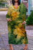 White Blue Casual Floral Print Basic V Neck Long Plus Size Dresses