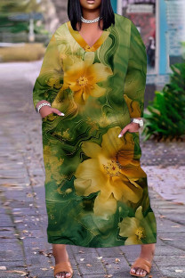 Green Casual Floral Print Basic V Neck Long Plus Size Dresses