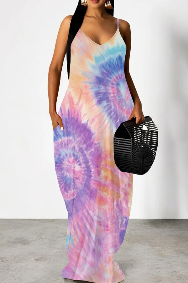 Purple Pink Casual Print Patchwork Spaghetti Strap Sling Dresses