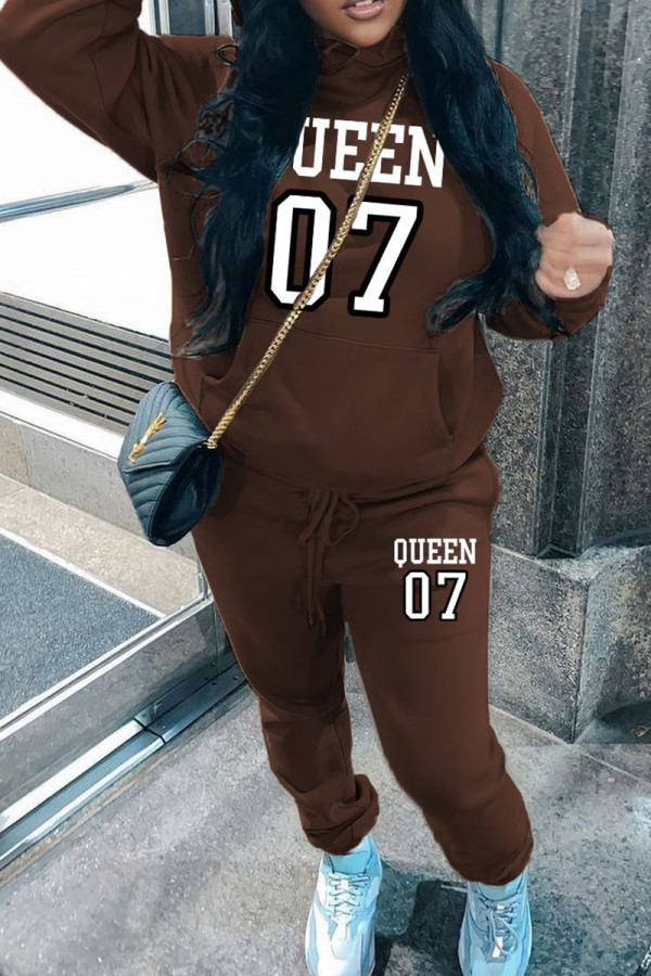 Brown Casual Print Pocket Patchwork Hooded Long Sleeve Two Pieces