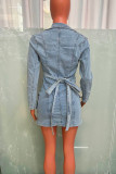 Sky Blue Street Solid Color Hollow Out Pocket Patchwork Slit Turndown Collar Long Sleeve Regular Denim Dresses