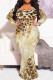 Light Khaki Casual Print Patchwork O Neck Fishtail Plus Size Dresses