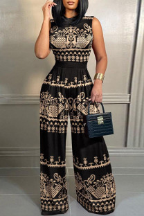 Black Yellow Casual Print Patchwork O Neck Plus Size Jumpsuits