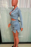 Sky Blue Street Solid Color Hollow Out Pocket Patchwork Slit Turndown Collar Long Sleeve Regular Denim Dresses
