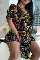 Brown Casual Print Slit V Neck Short Sleeve Two Pieces