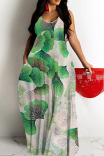 Green Casual Print Backless Spaghetti Strap Long Dresses