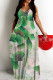 Green Casual Print Backless Spaghetti Strap Long Dresses