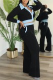 Brown Casual Patchwork Contrast Turndown Collar Long Sleeve Two Pieces