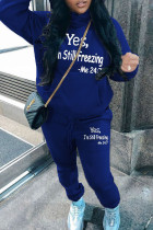 Blue Casual Solid Color Patchwork Hooded Long Sleeve Two Pieces