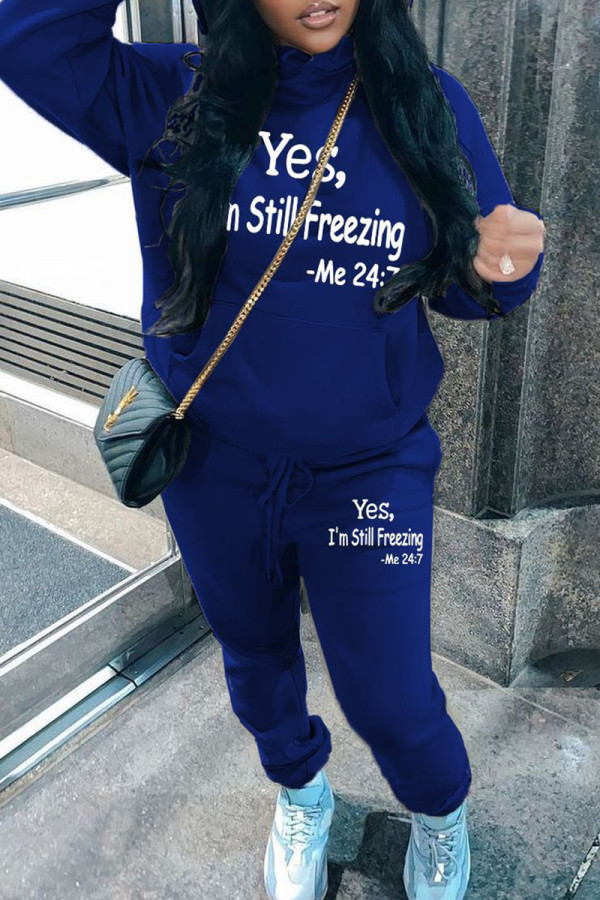 Blue Casual Solid Color Patchwork Hooded Long Sleeve Two Pieces