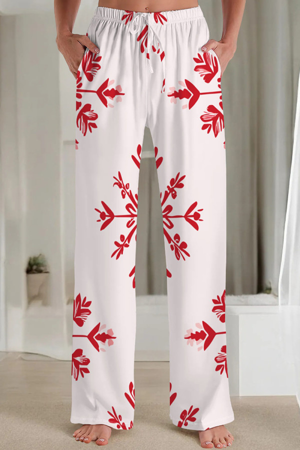 White Red Casual Print Pocket Patchwork Loose Mid Waist Straight Full Print Bottoms